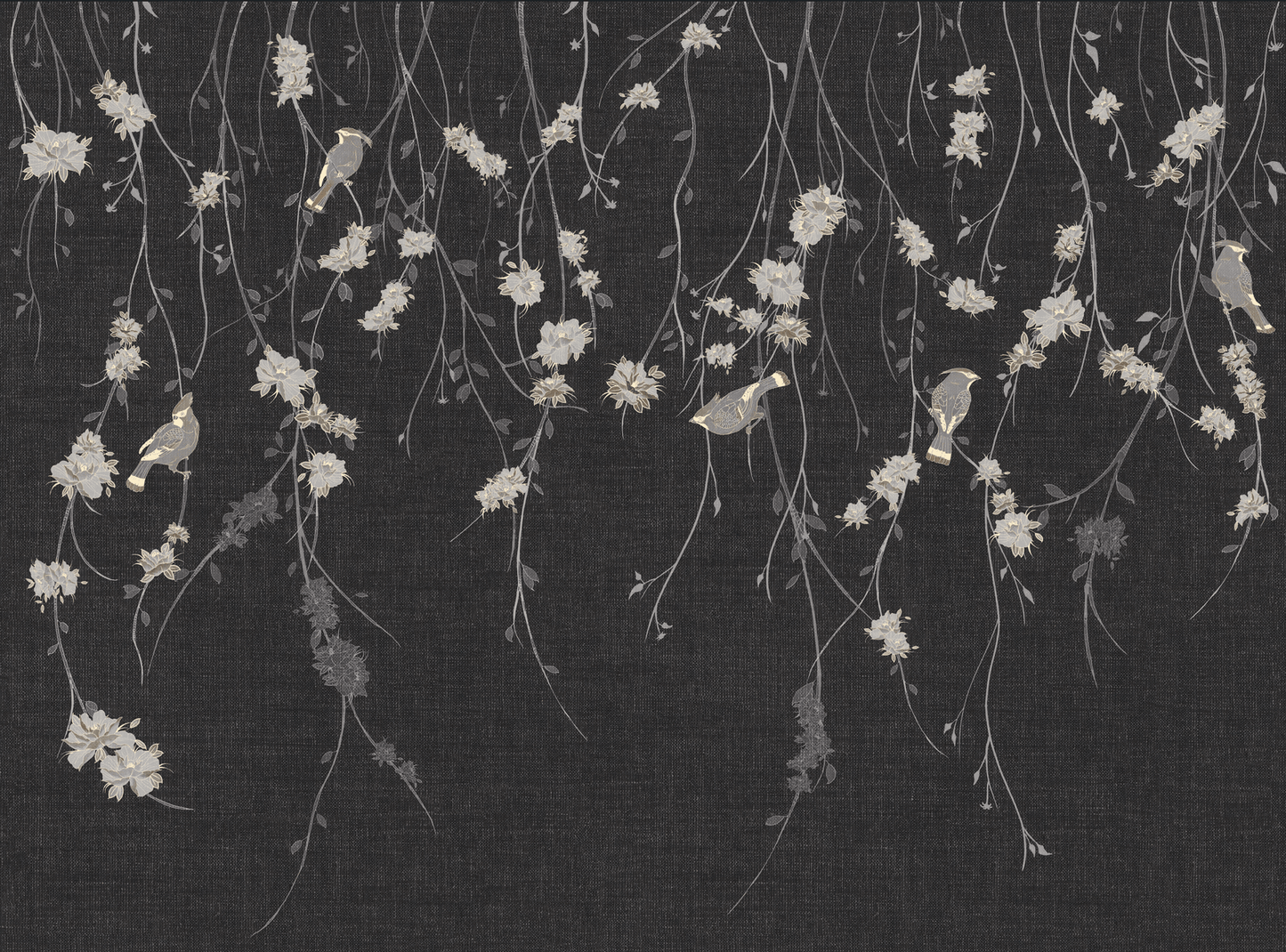Pattern detail of dark black flowers & birds wall mural with cream accents.
