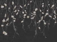 Pattern detail of dark black flowers & birds wall mural with cream accents.