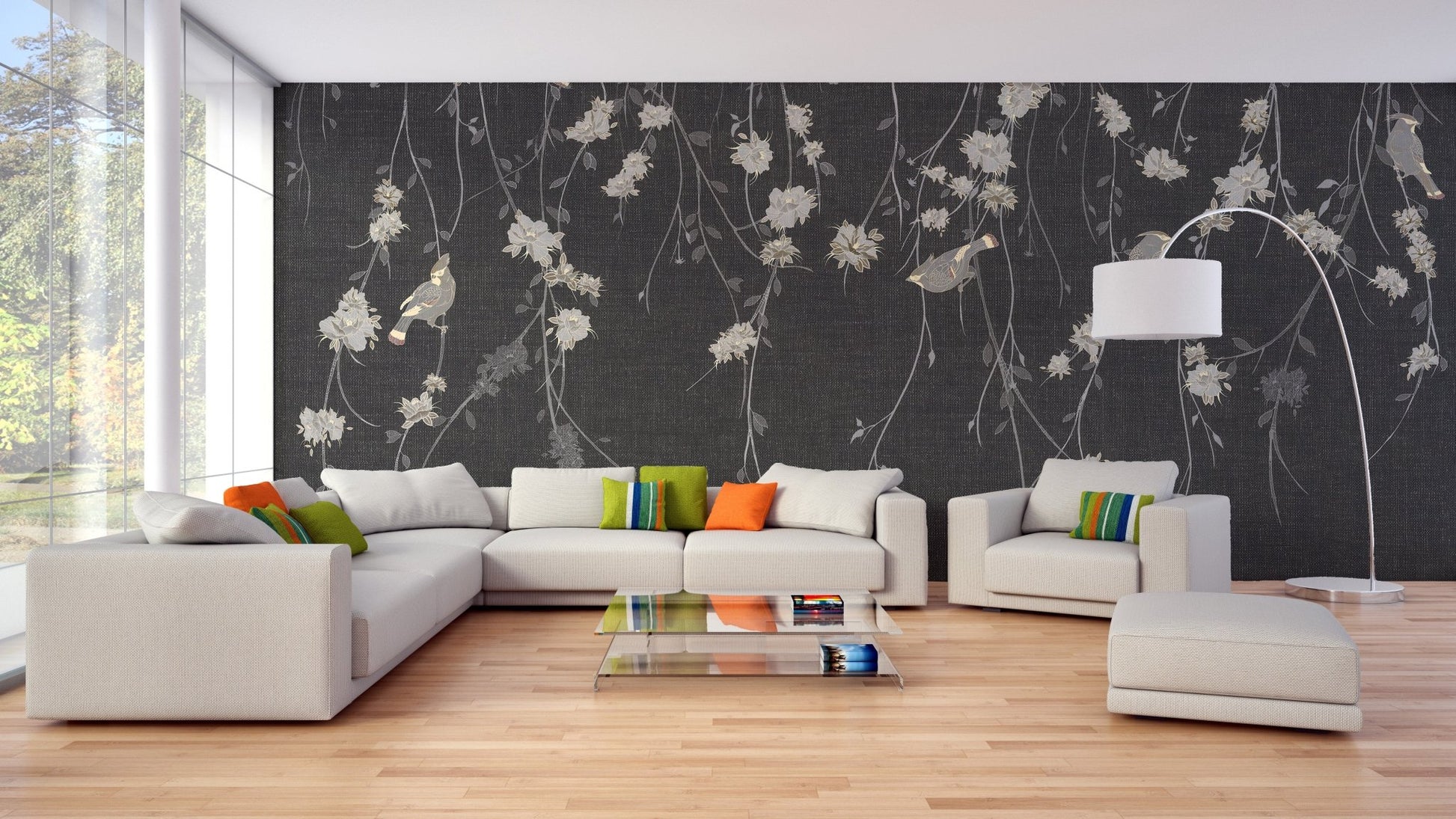Elegant Floral and Birds Mural in spacious living room.