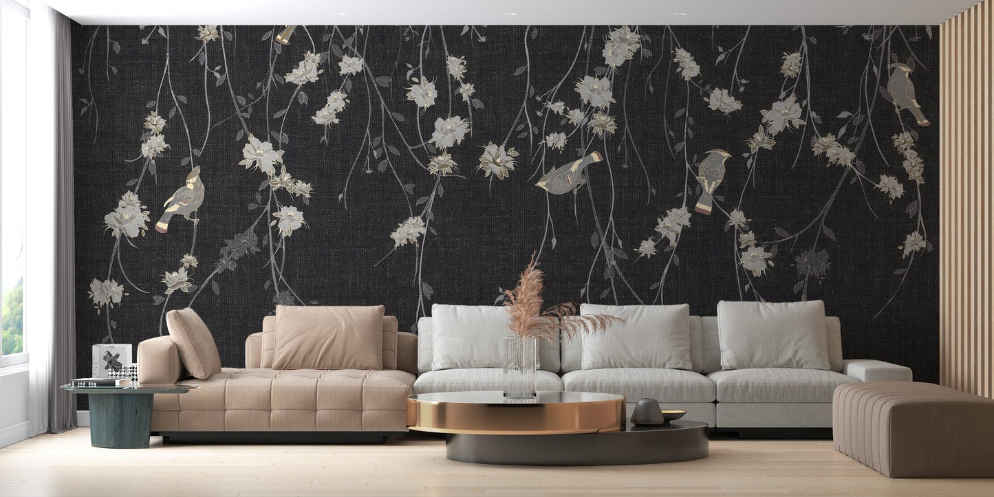 Moody Floral Wall Mural in open plan living space.