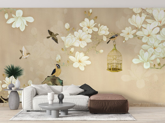 White couch in a modern living room featuring a bird and flower wall mural design.