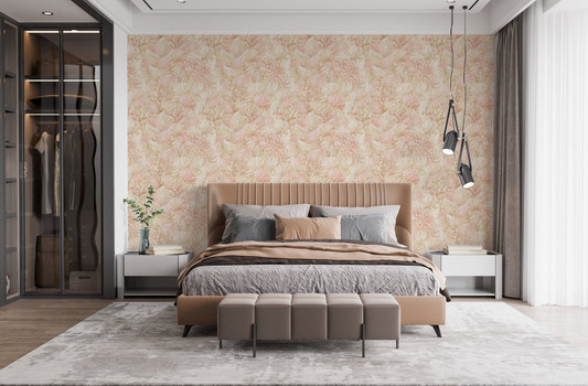 Master bedroom with Beautiful Leaf Design Peel & Stick Wallpaper in peach