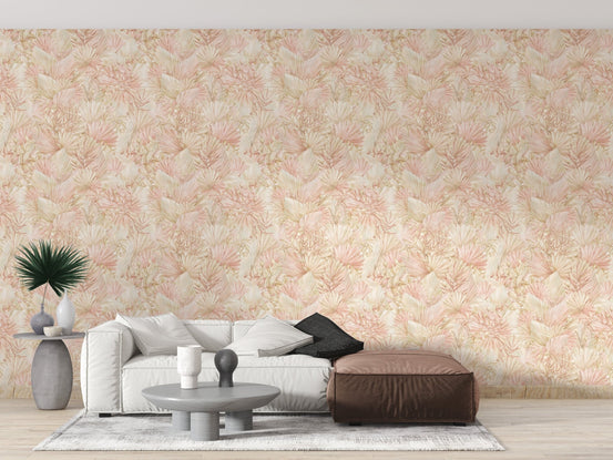 Modern living room feature wall with botanical leaf wallpaper mural