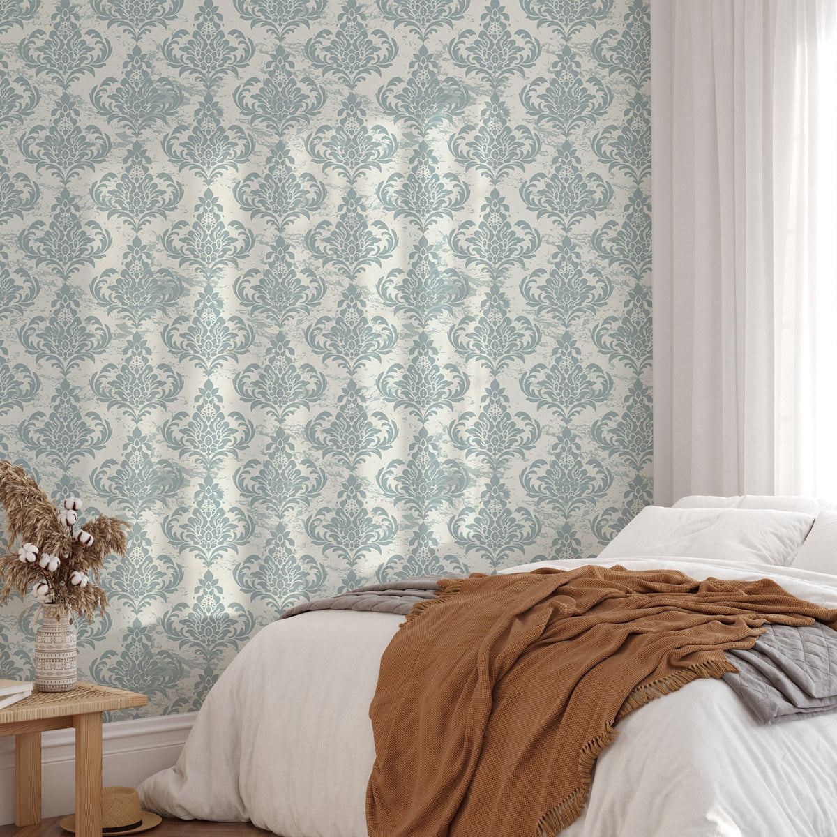 Sophisticated damask wallpaper for a vintage look bedroom walls.