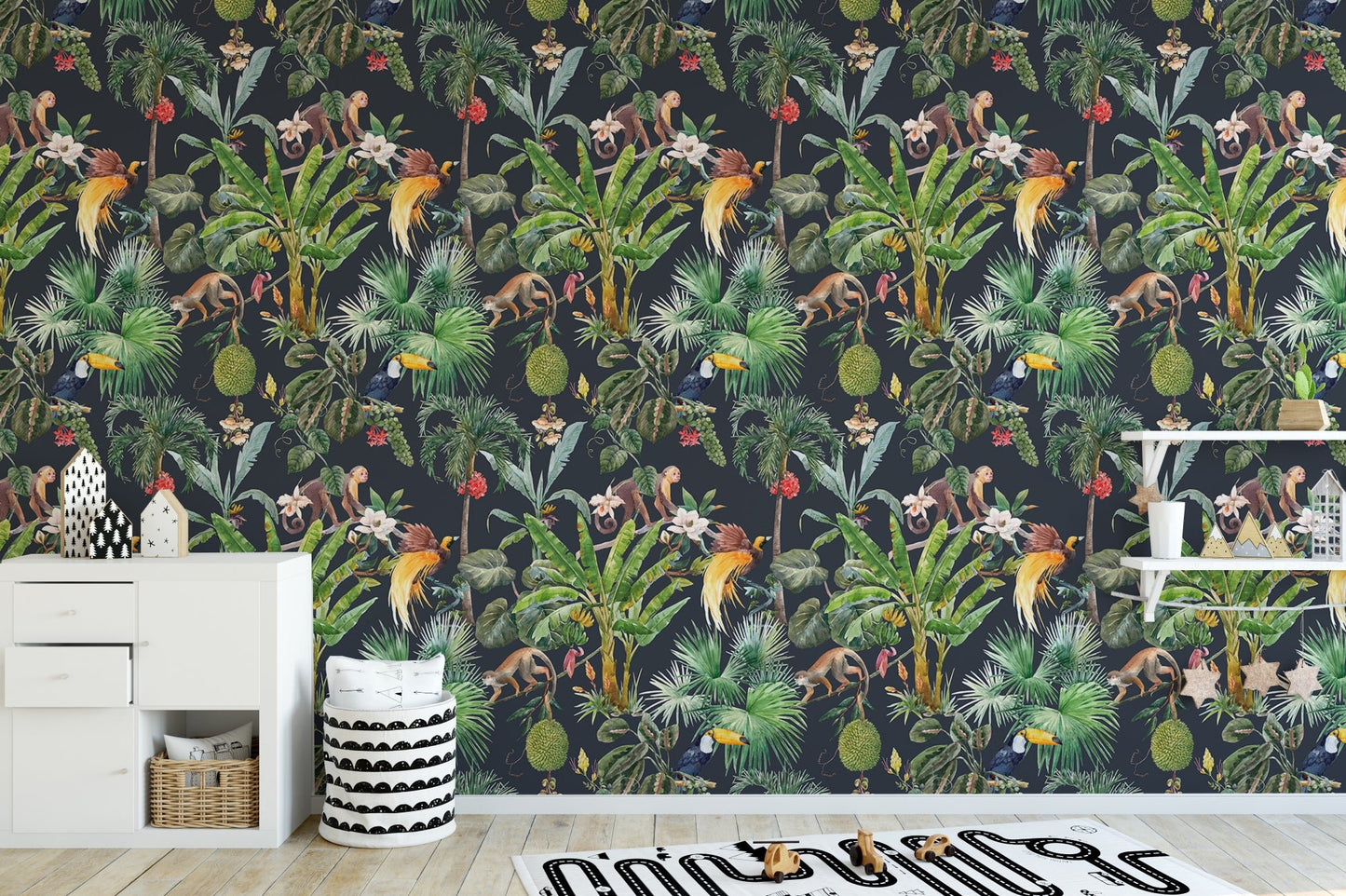 Detailed floral wall mural with hanging fruits and dense foliage for nursery.