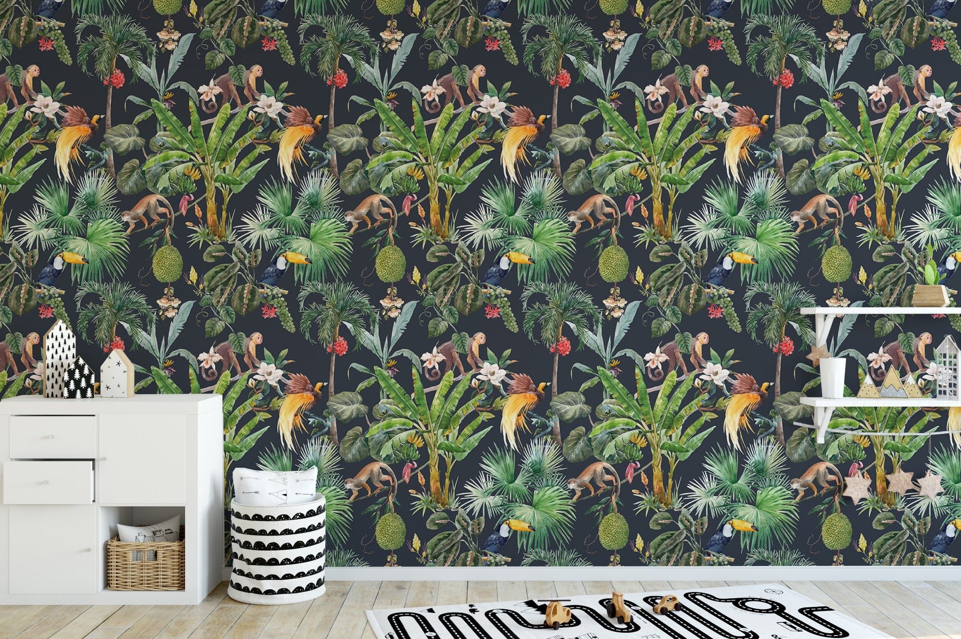 Detailed floral wall mural with hanging fruits and dense foliage for nursery.