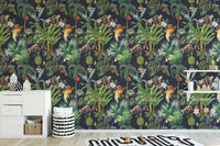 Detailed floral wall mural with hanging fruits and dense foliage for nursery.