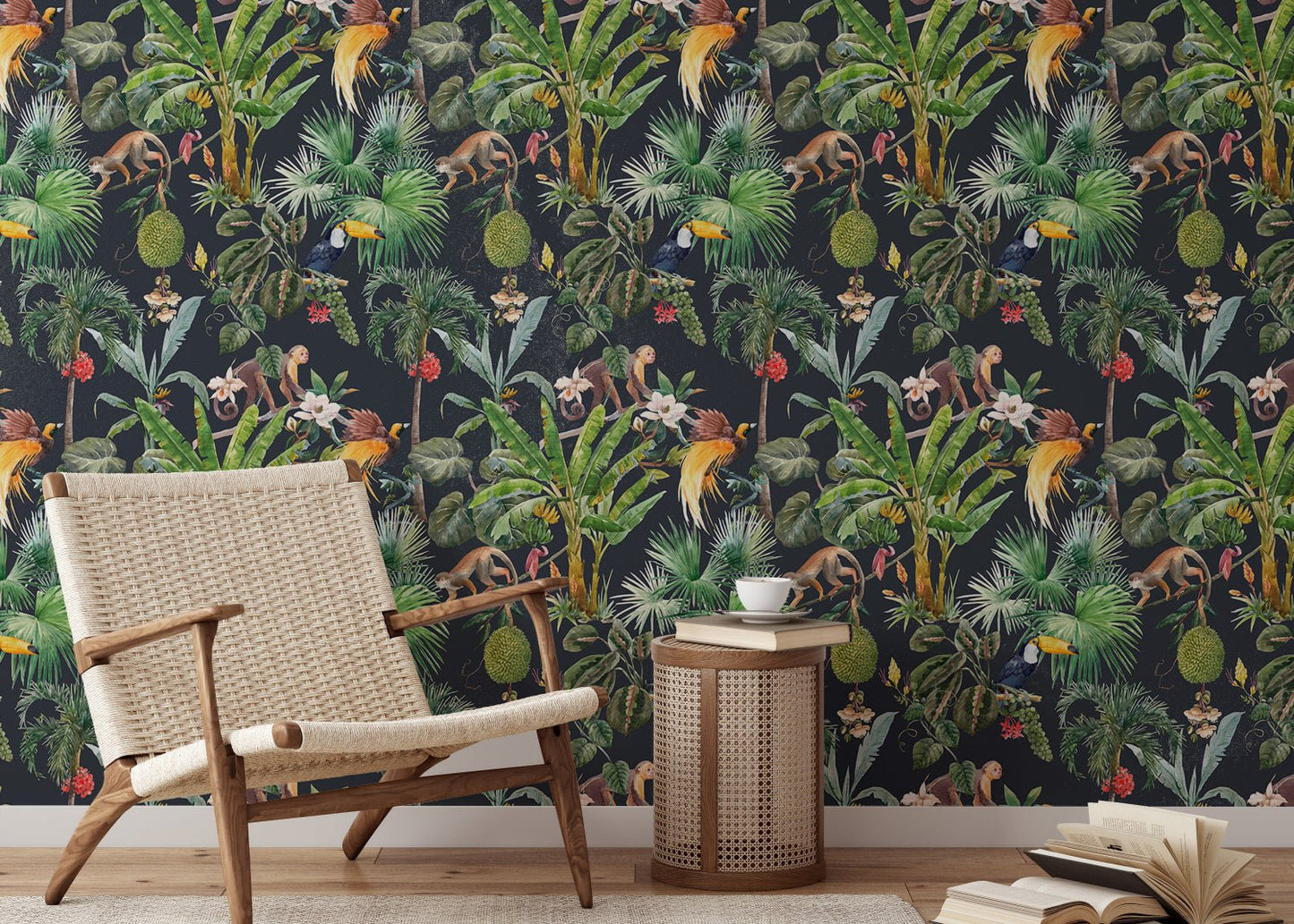 Seamless tropical floral wall mural for serene reading room interiors.