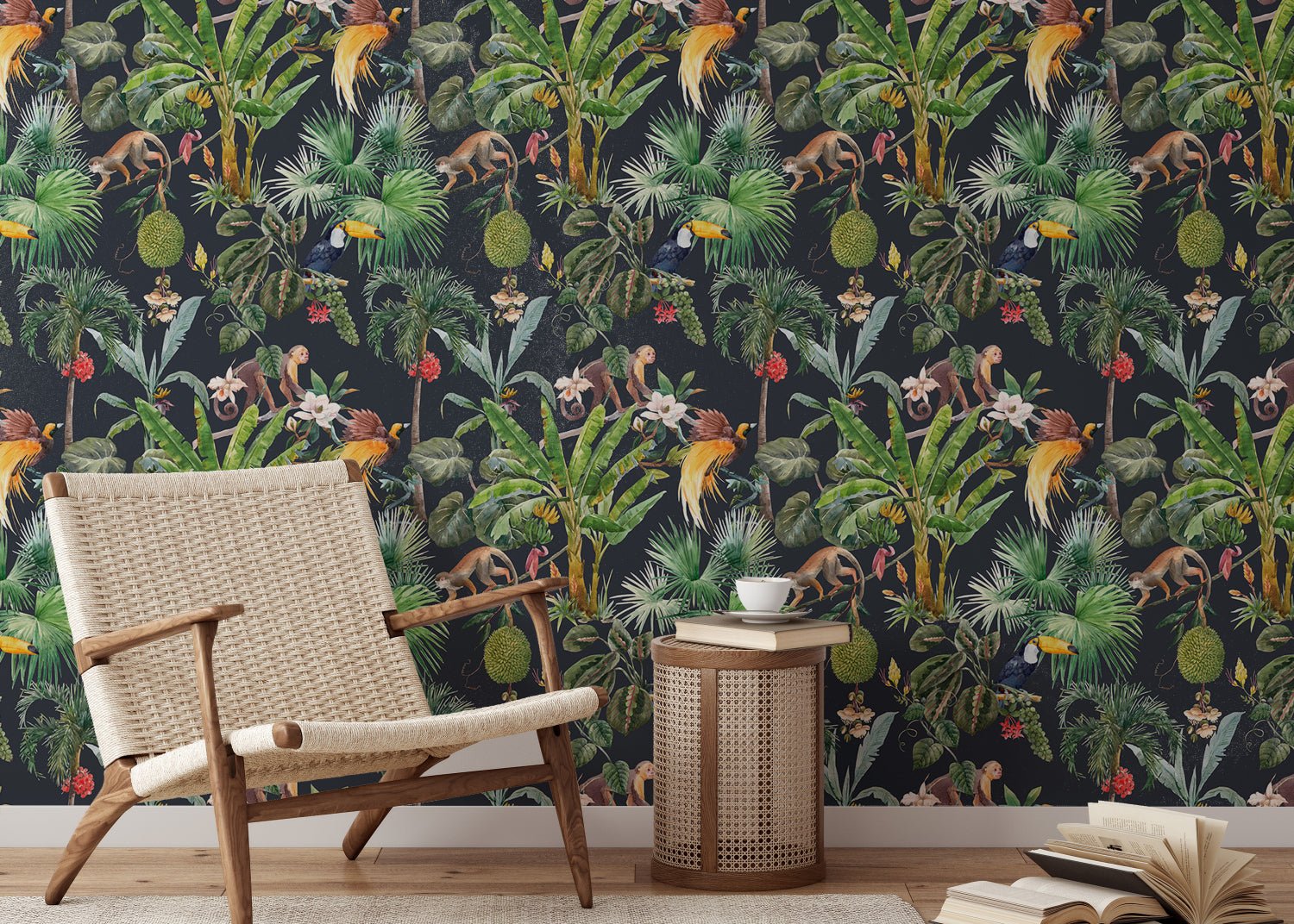 Seamless tropical floral wall mural for serene reading room interiors.
