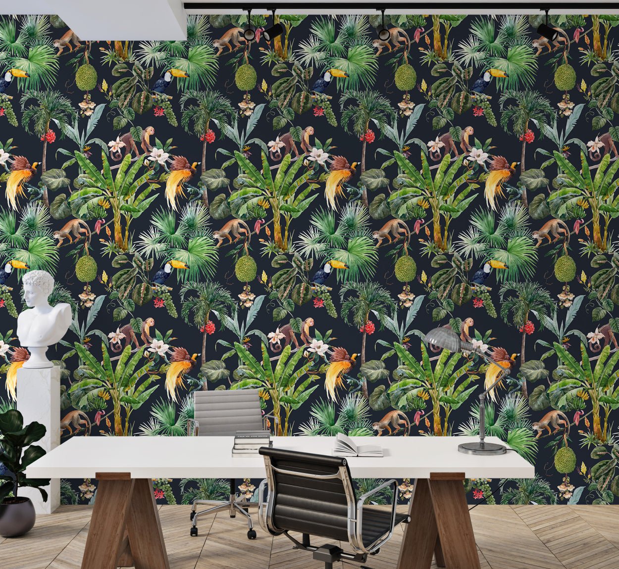 Watercolor tropical flower wall mural for vibrant office interior.