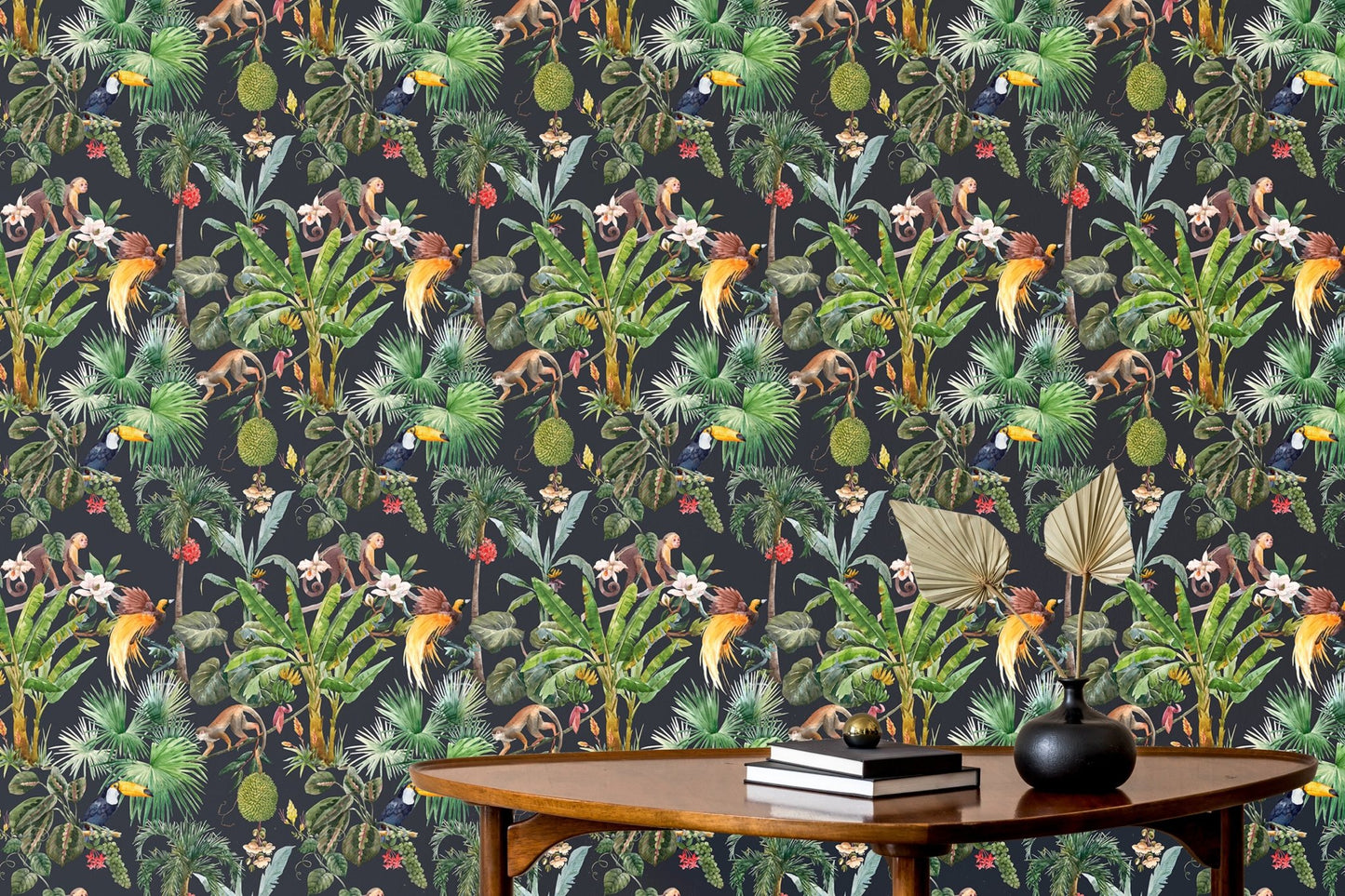 Dark botanical wall mural with monkeys and lush greenery for a modern living area.