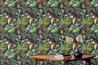 Dark botanical wall mural with monkeys and lush greenery for a modern living area.