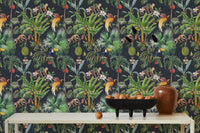 Elegant tropical floral pattern wall mural behind white table.