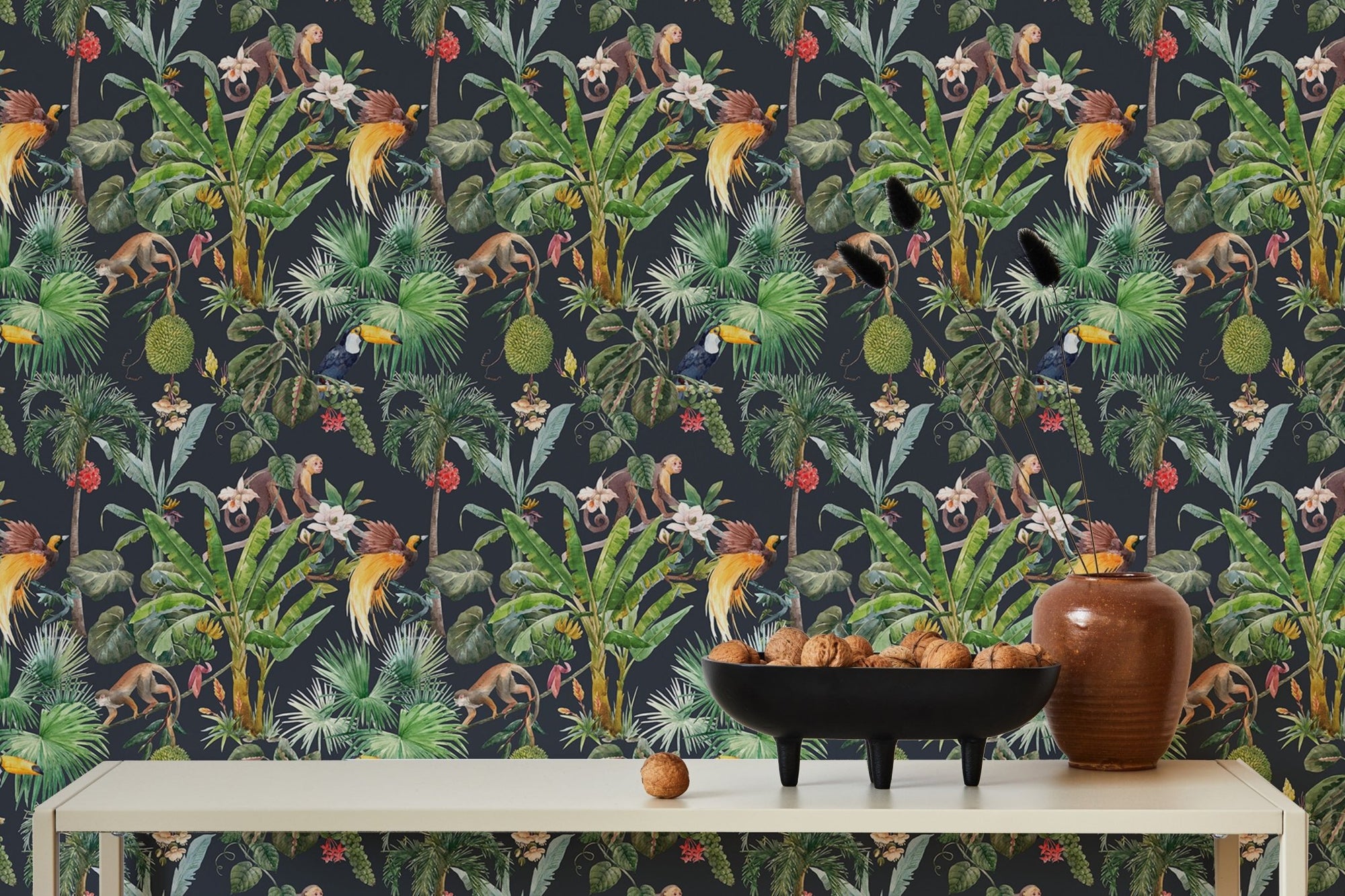 Elegant tropical floral pattern wall mural behind white table.