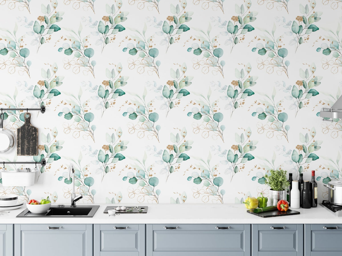 Botanical green wallpaper in a kitchen setting above a white countertop