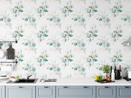 Botanical green wallpaper in a kitchen setting above a white countertop