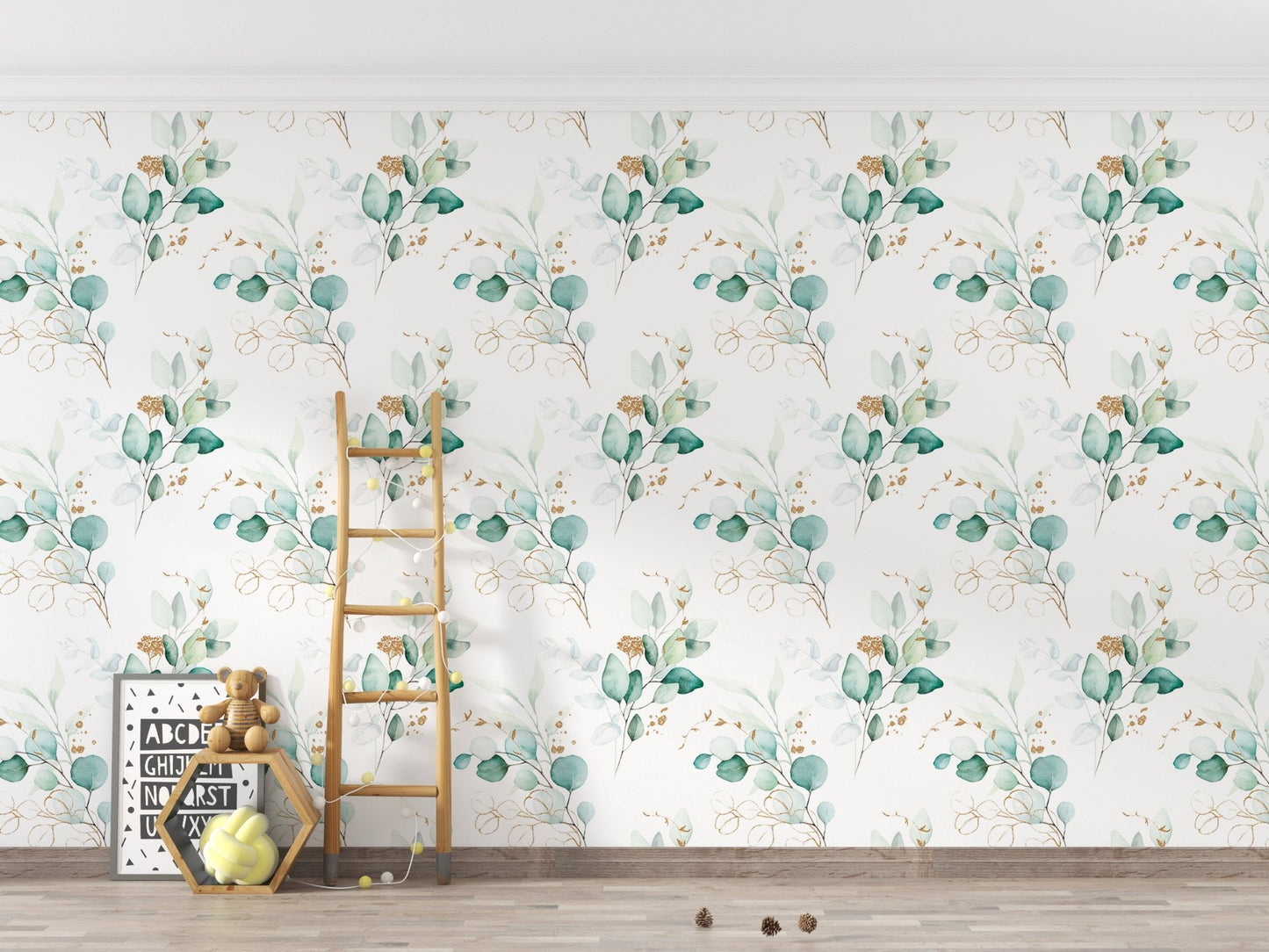 Minimalist branches pattern wallpaper in a playroom with a wooden ladder and toys