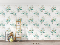 Minimalist branches pattern wallpaper in a playroom with a wooden ladder and toys