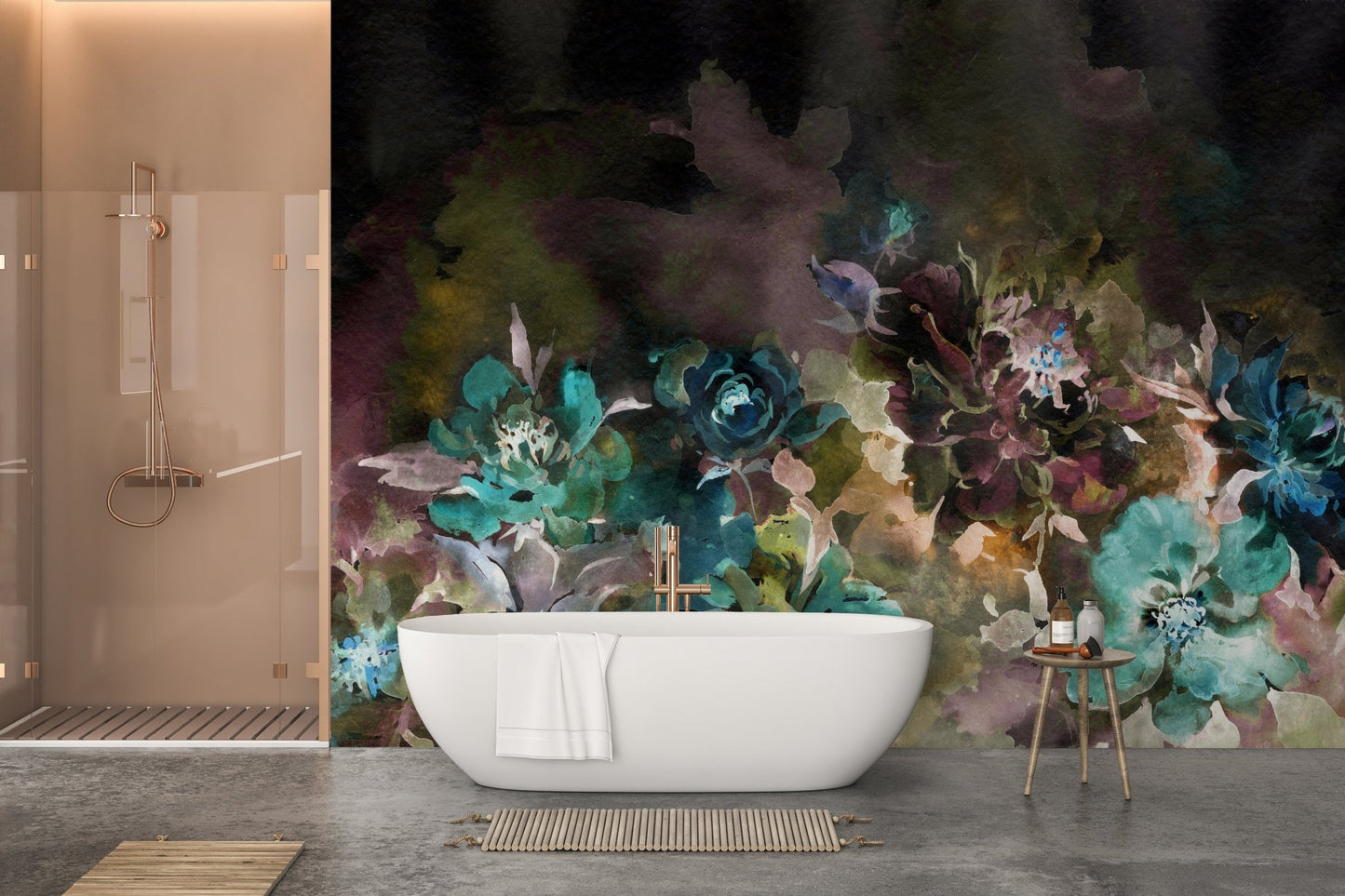 Elegant watercolor peony wallpaper for chic bathroom design.