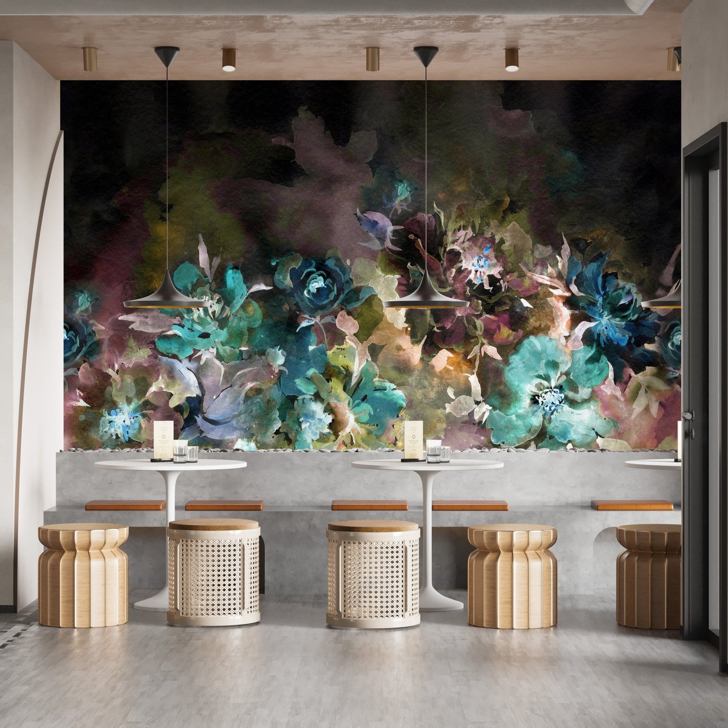 Watercolor floral wallpaper design used for a dining area accent wall.