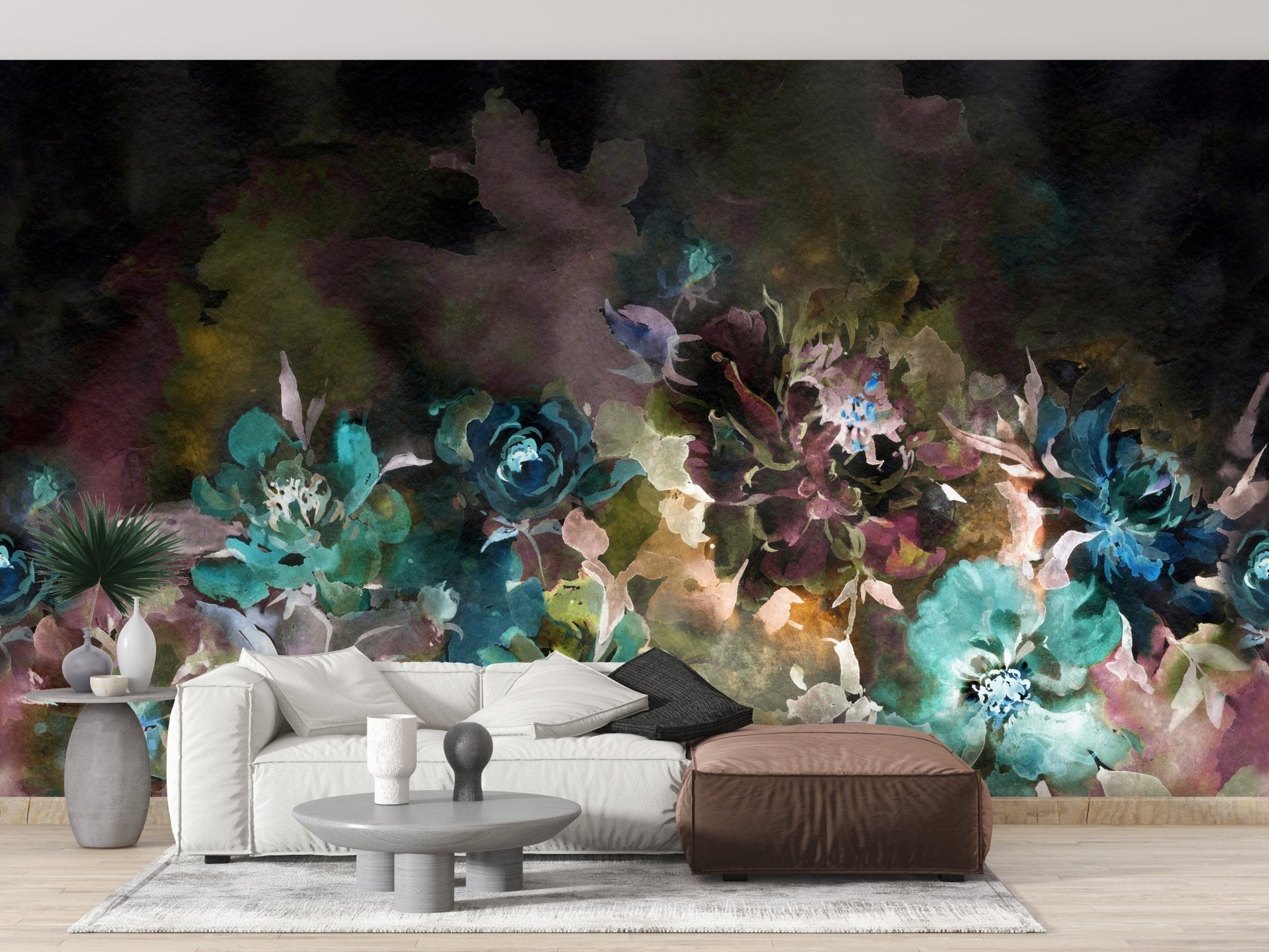 Gentle watercolor peony flowers mural for living area wall decor.
