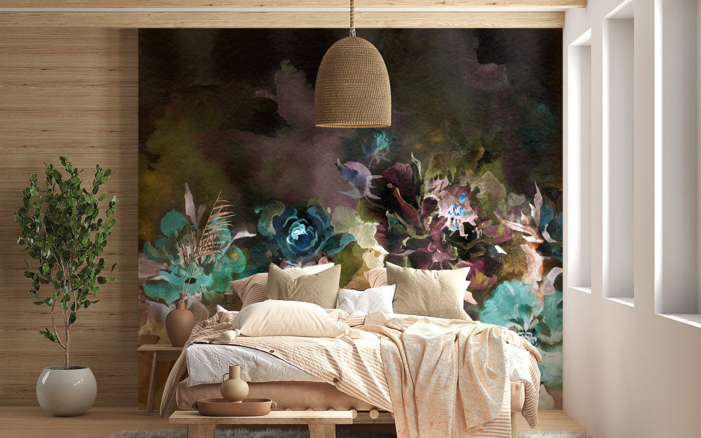 Watercolor peony mural for graceful and serene bedroom interiors.
