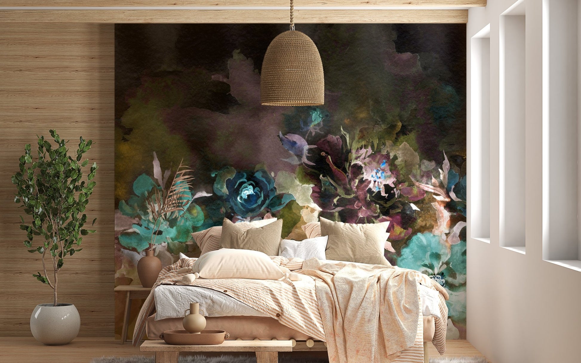 Watercolor peony mural for graceful and serene bedroom interiors.
