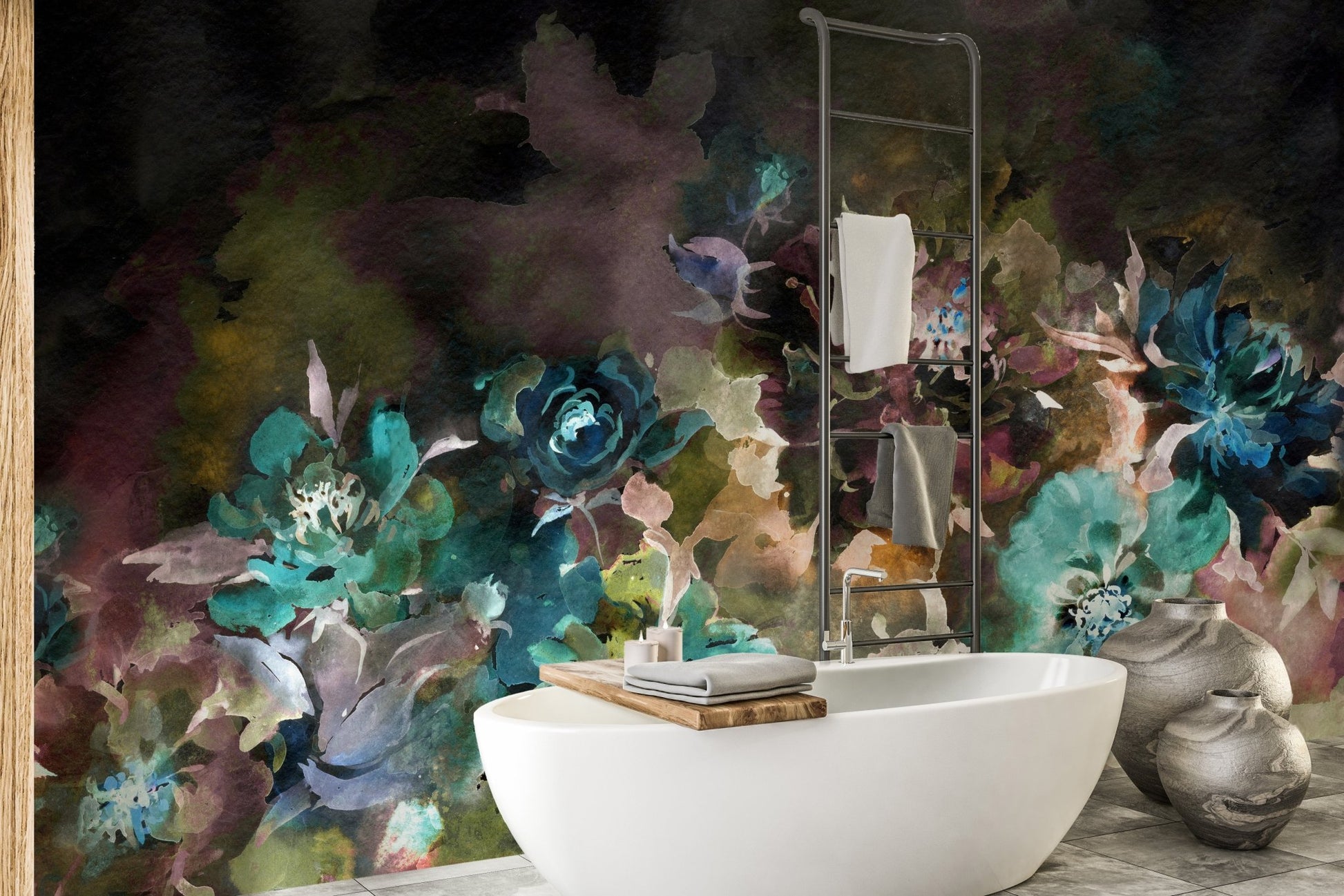 Elegant peony mural in soft watercolor tones for bathroom walls.
