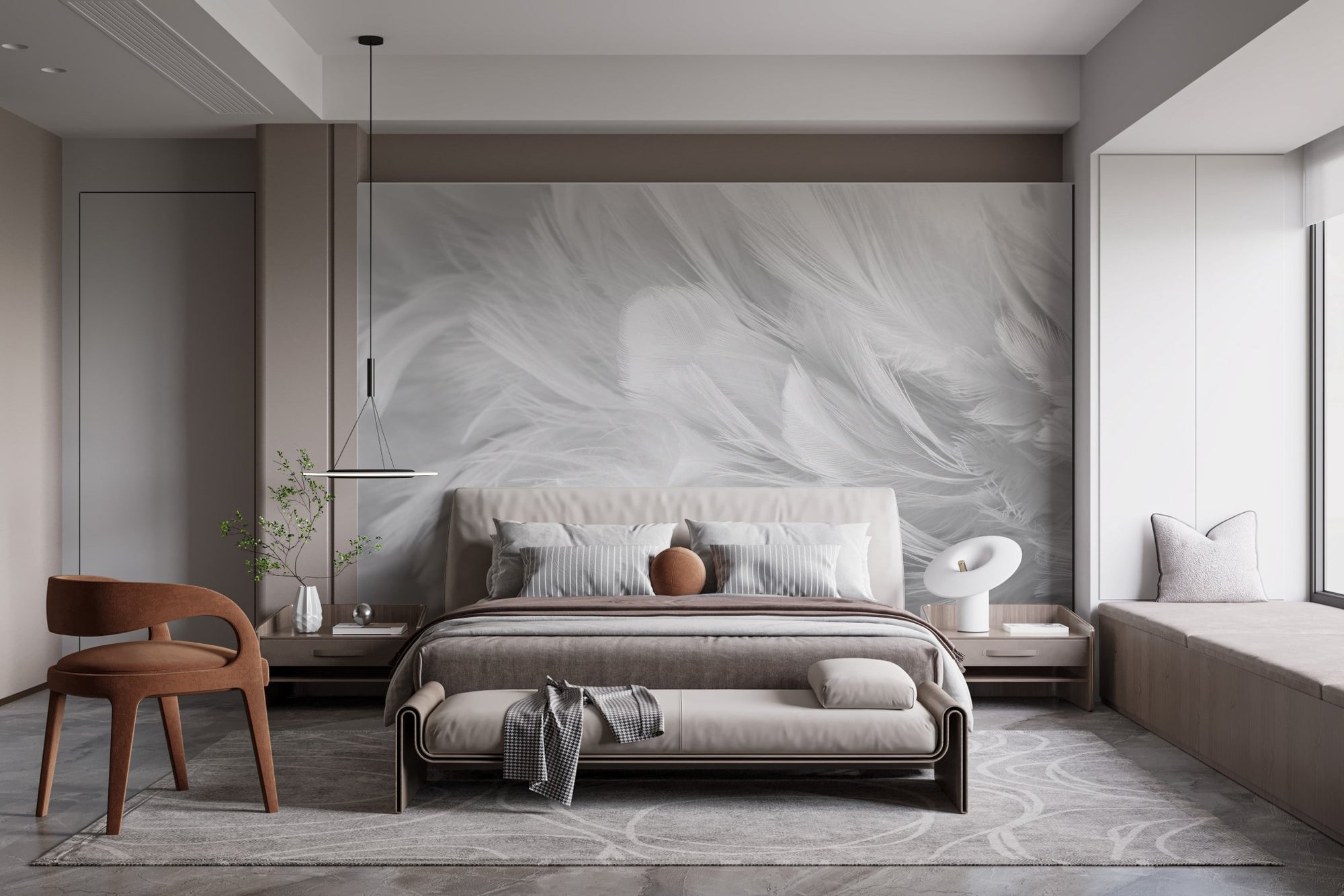 White feather texture wall mural in a modern minimalist bedroom with grey tones