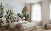 Watercolor desert wallpaper mural with blooming prickly pear.