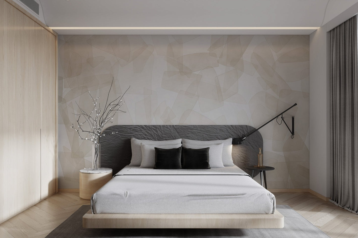 Muted tan and cream geometric wall mural for modern bedroom interior.