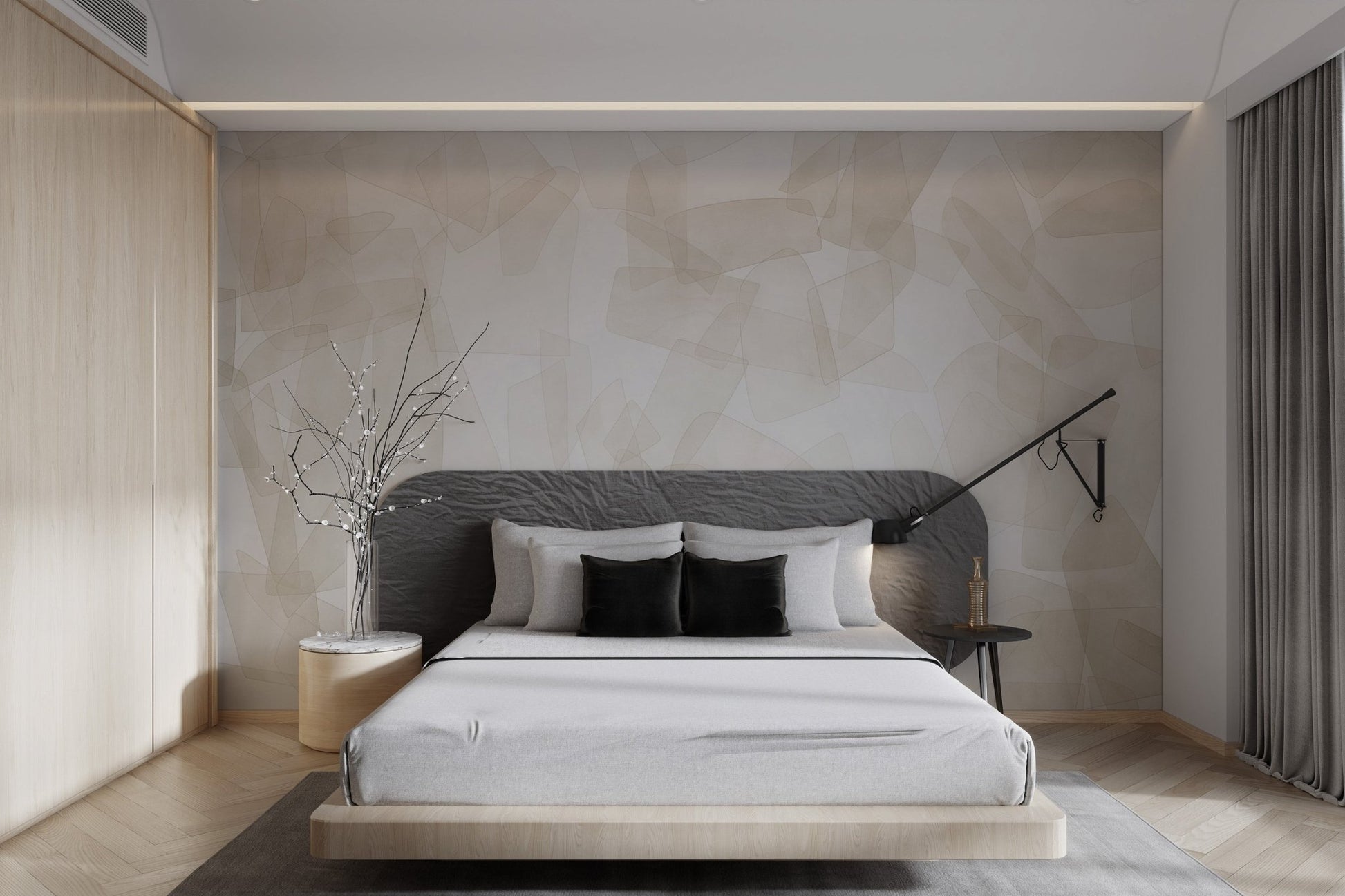 Muted tan and cream geometric wall mural for modern bedroom interior.