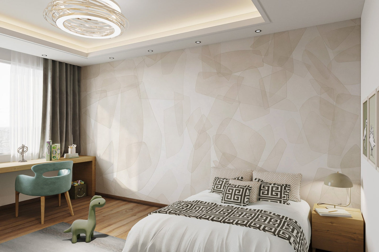 Translucent overlapping geometric wall mural in varied neutral earth tones.