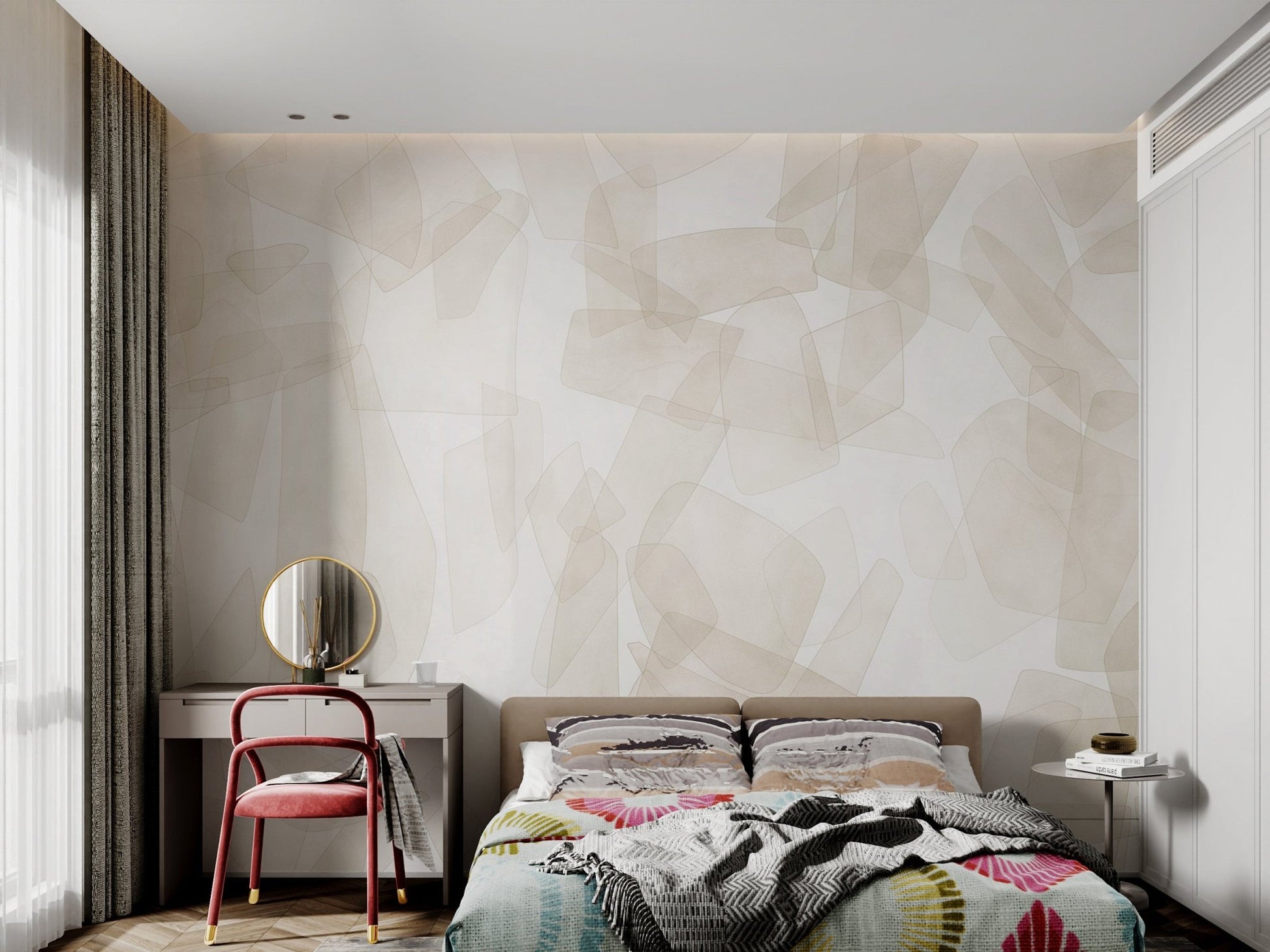 Neutral toned geometric mural featuring irregular sandy in kids bedroom.
