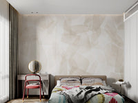 Neutral toned geometric mural featuring irregular sandy in kids bedroom.