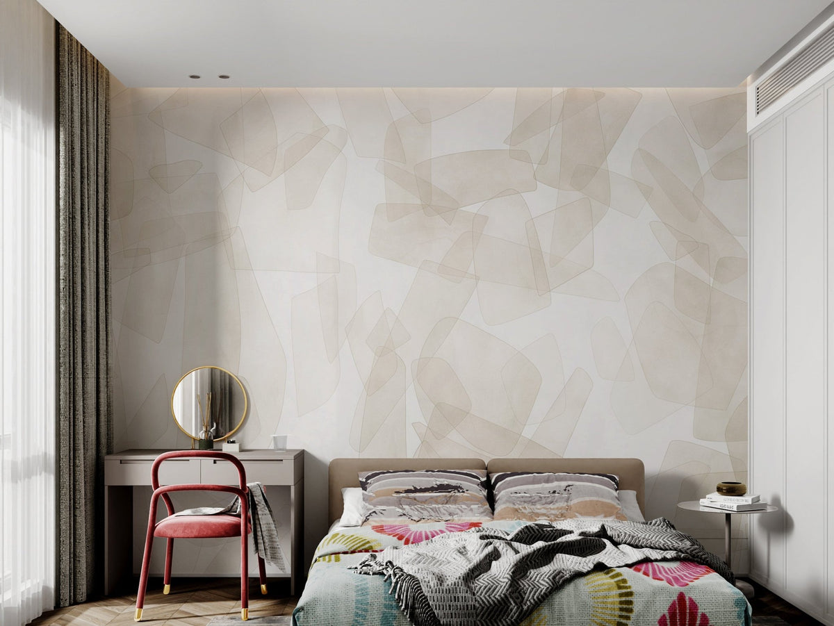 Neutral toned geometric mural featuring irregular sandy in kids bedroom.