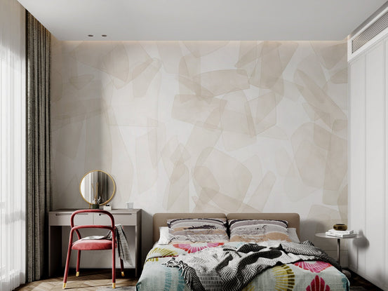 Neutral toned geometric mural featuring irregular sandy in kids bedroom.