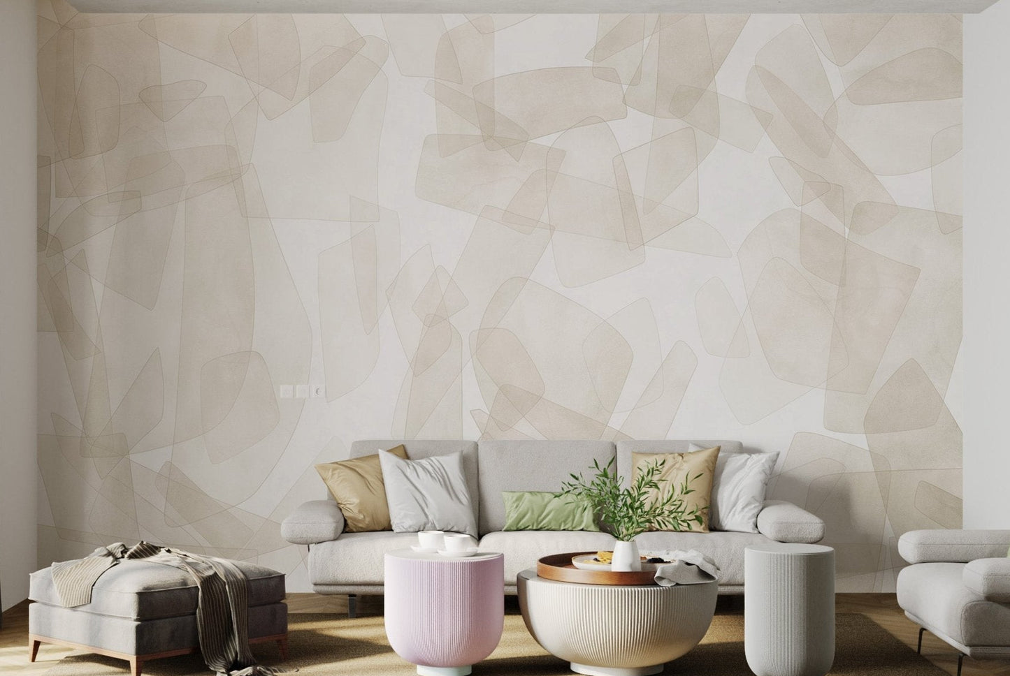Modern Beige Abstract Geometric Shapes mural for living room walls.