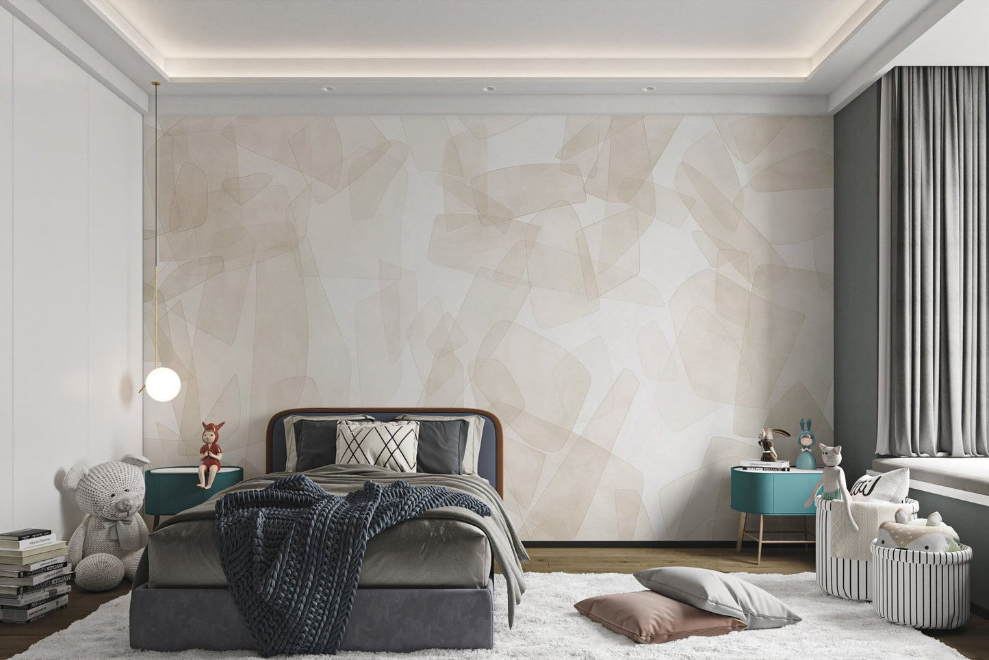 Minimalist kids room wall mural with layered cream and tan geometric.