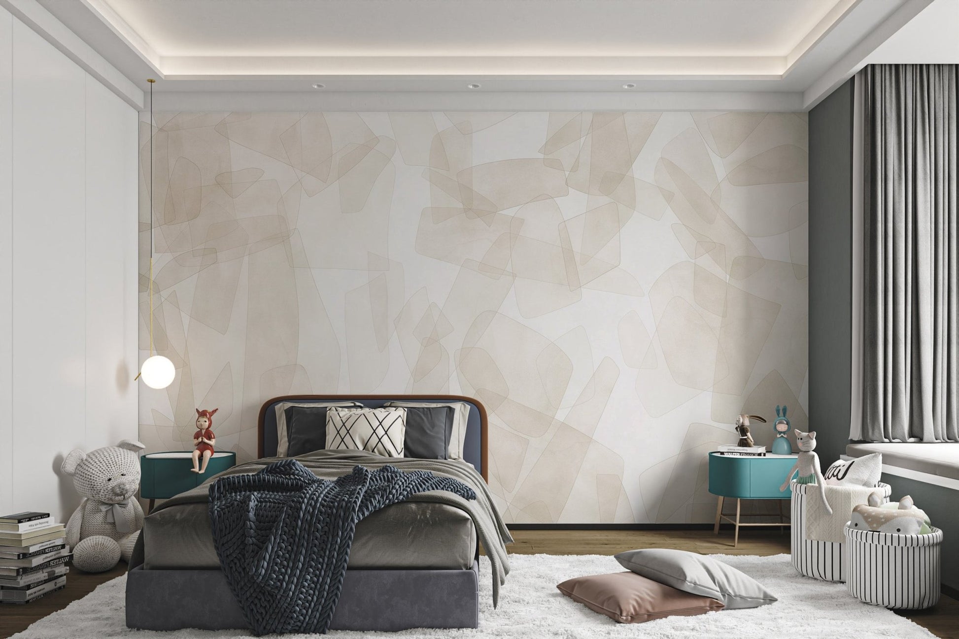 Minimalist kids room wall mural with layered cream and tan geometric.