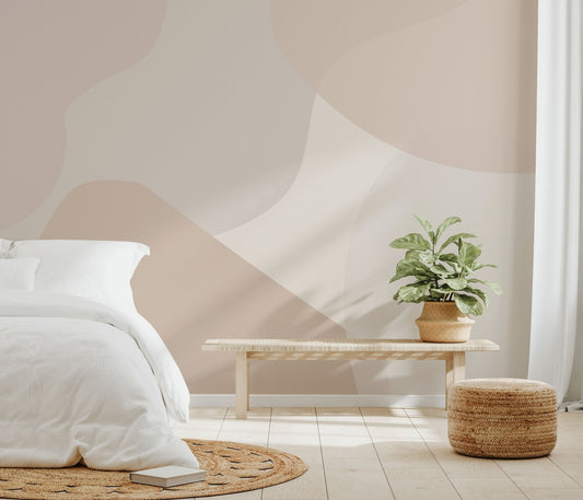 Cream and tan fluid geometric shapes wall mural for bedroom interiors.