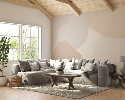 Organic curved forms wall mural in cream and light brown for living room.