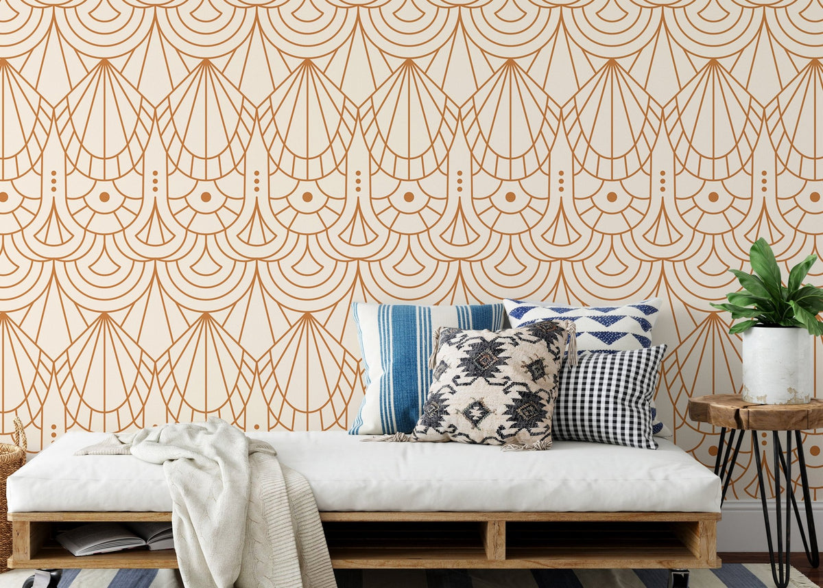 Beige and orange Art Deco repeat pattern wallpaper in a modern living room setting.