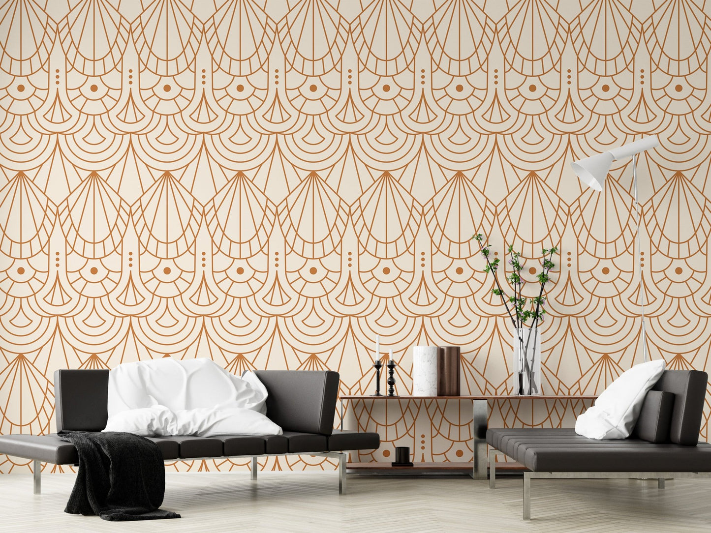 Repeat pattern Art Deco wallpaper in a modern interior with low black sofas.