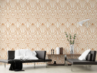 Repeat pattern Art Deco wallpaper in a modern interior with low black sofas.