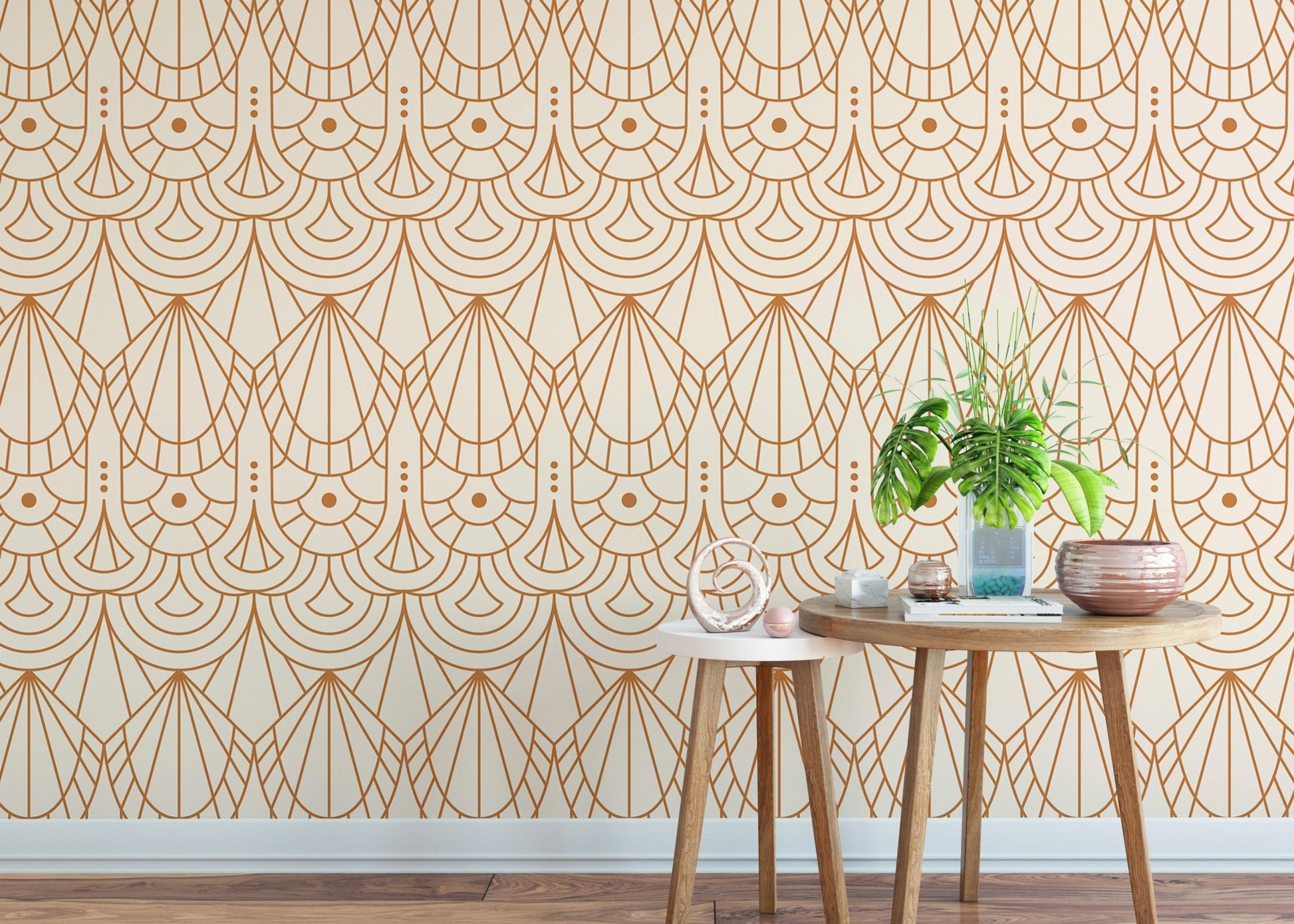 Modern beige and orange line art wallpaper in a minimalist living space.