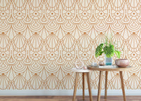 Modern beige and orange line art wallpaper in a minimalist living space.