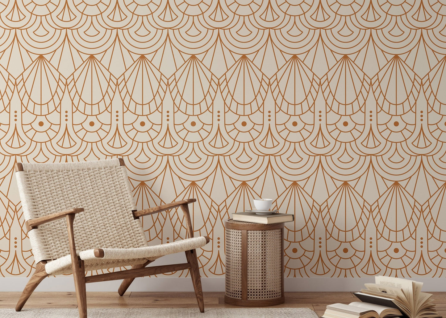 Beige and orange geometric wallpaper in a minimalist room with a wooden armchair.