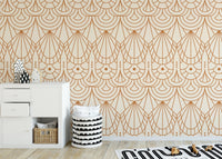 Art Deco pattern wallpaper behind a white cabinet and organized storage bins.