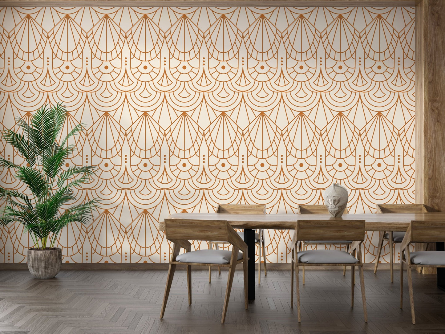 Symmetrical line art wallpaper behind a wooden dining table with four chairs.